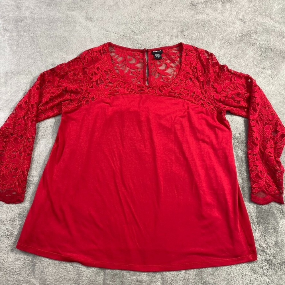 Torrid Blouse Lace Trim Long Sleeve Top Red Peasant Pullover Festive Christmassy